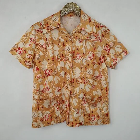 Vintage 70s No Brand Tag Yellow Floral Top Funky Groovy - Picture 1 of 9